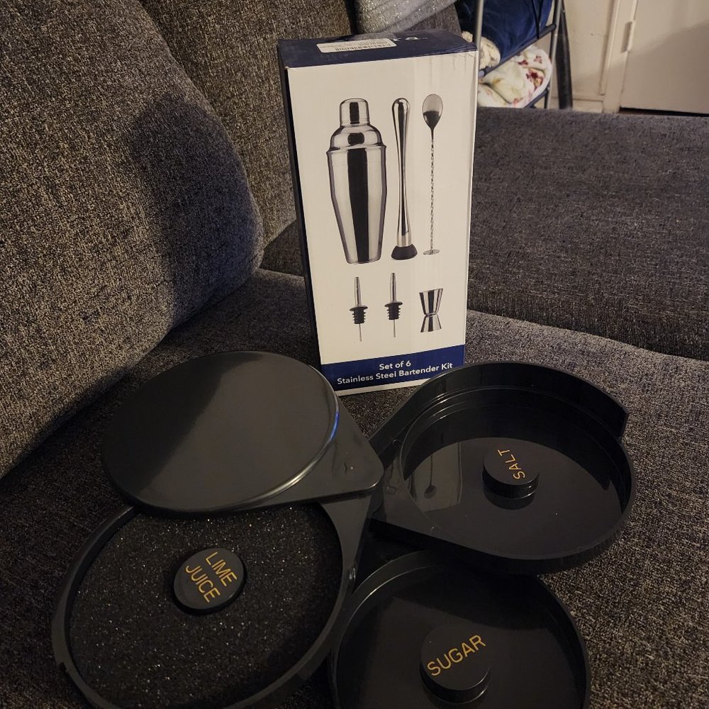 Set of 6 stainless steel bartender kit with 3 tier salt container New